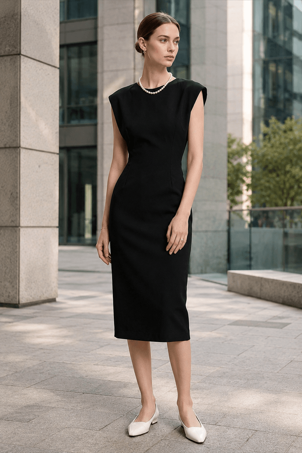 Crew Neck Sleeveless Shoulder Pad Sheath Midi Dress