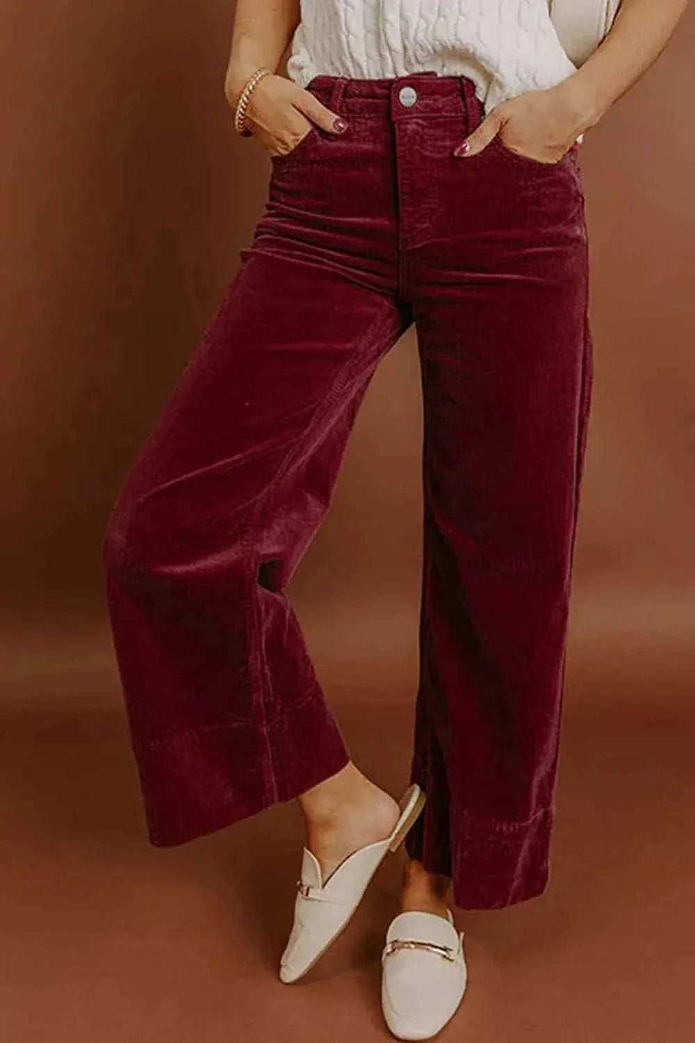 Corduroy Solid Color High Waist Wide Leg Pants