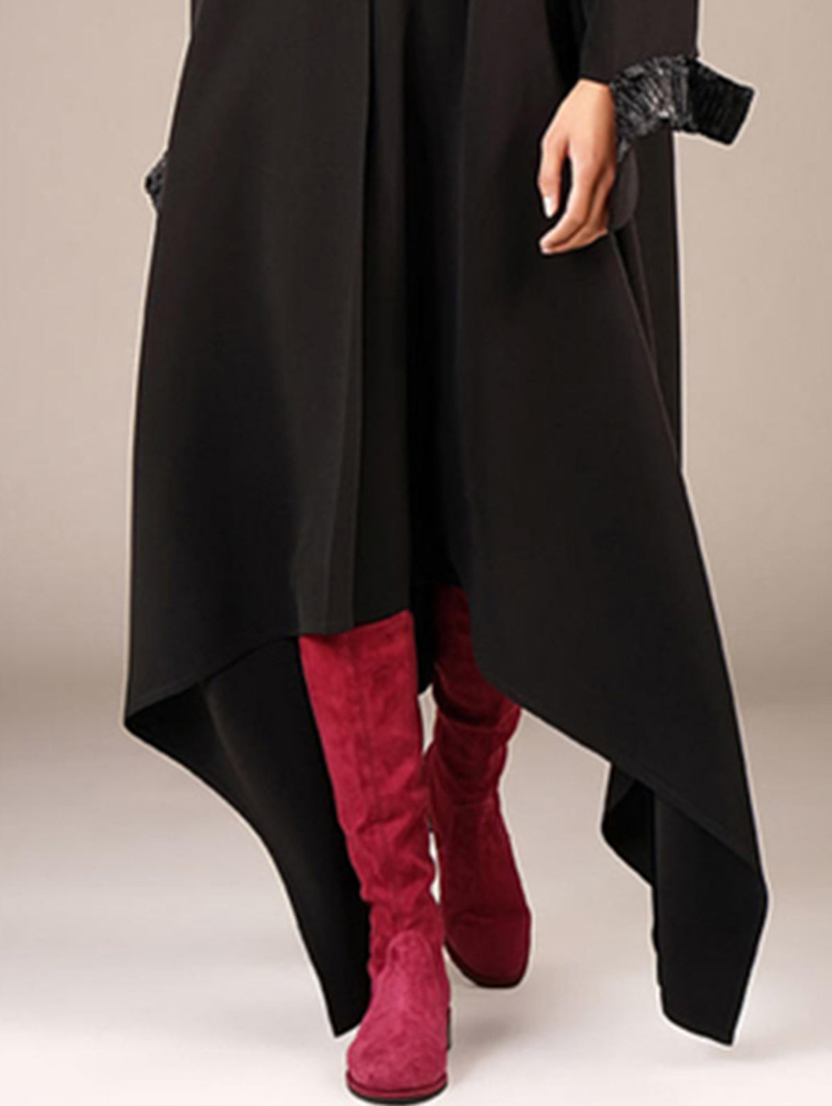 Zip Front Mock Neck Long Sleeve Contrast Cuff Midi Dress - View 4