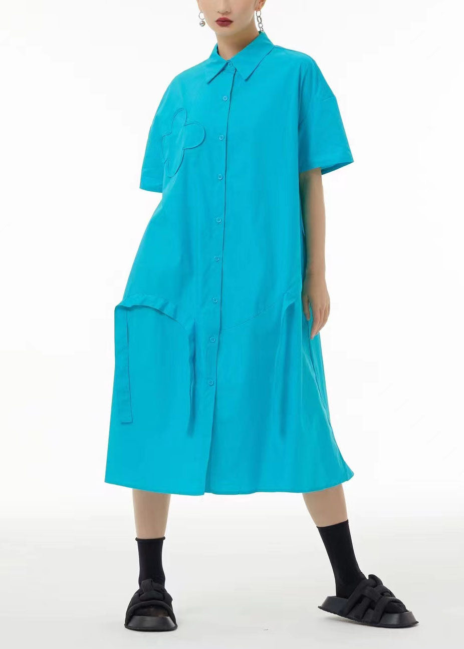 Button Down Short Sleeve Puffy Flower Appliqué Strap Midi Dress - View 3