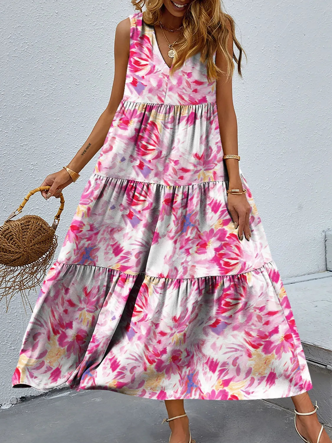 Floral V-Neck Sleeveless Tiered Flowy Maxi Dress