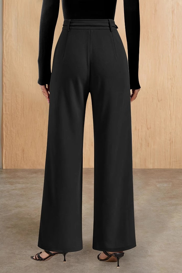 High Waist Straight Metal Belted Office Drape Pants