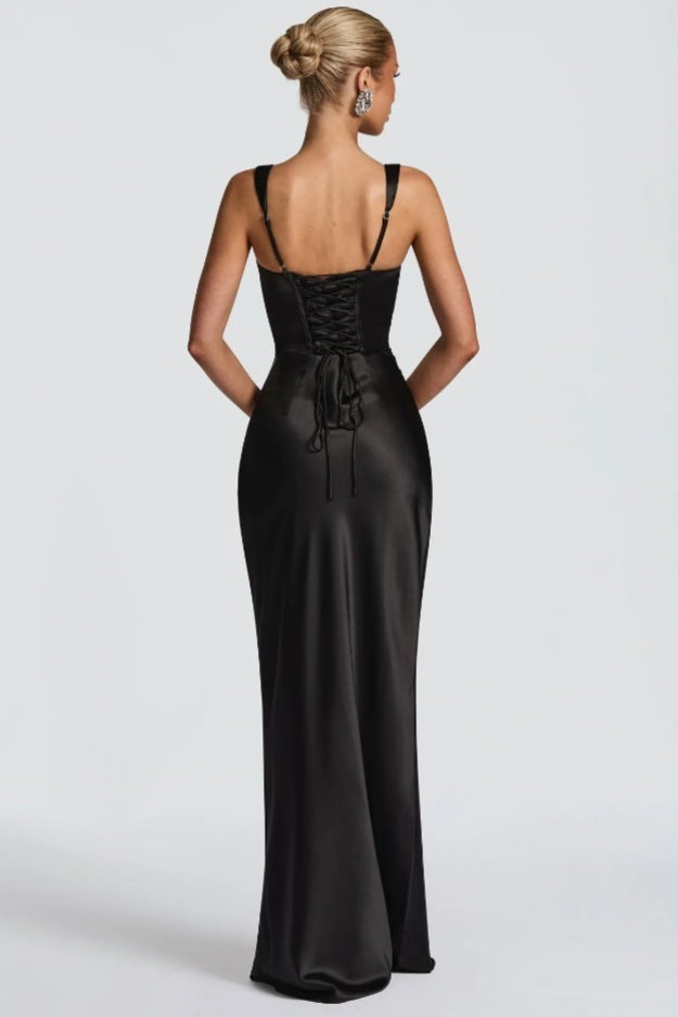 Square Neck Ruched Satin Bodycon Mermaid Dress - View 12