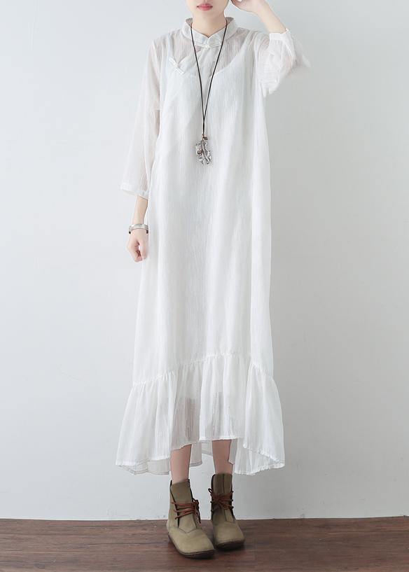 Mandarin Collar Frog Button Tiered Ruffle Gauze Maxi Dress - View 2