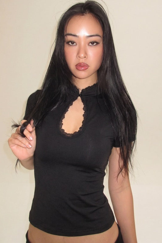 Mock Neck Short Sleeve Keyhole Cut Out Top 2