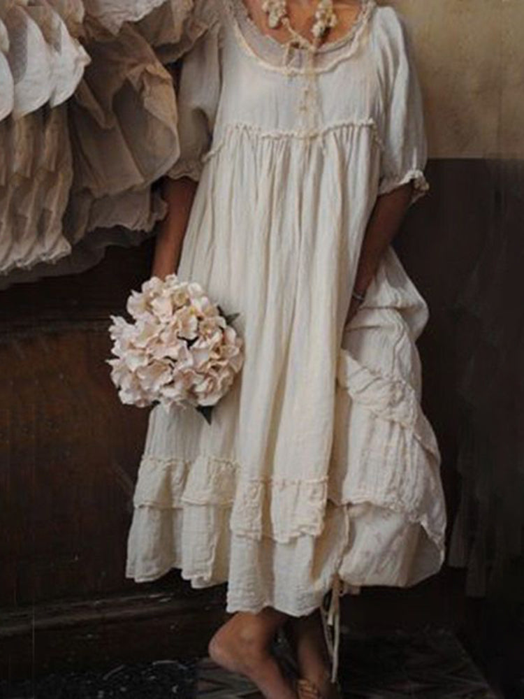 Crinkled Gauze Lace Trim Scoop Neck Puff Sleeve Tiered Midi Dress