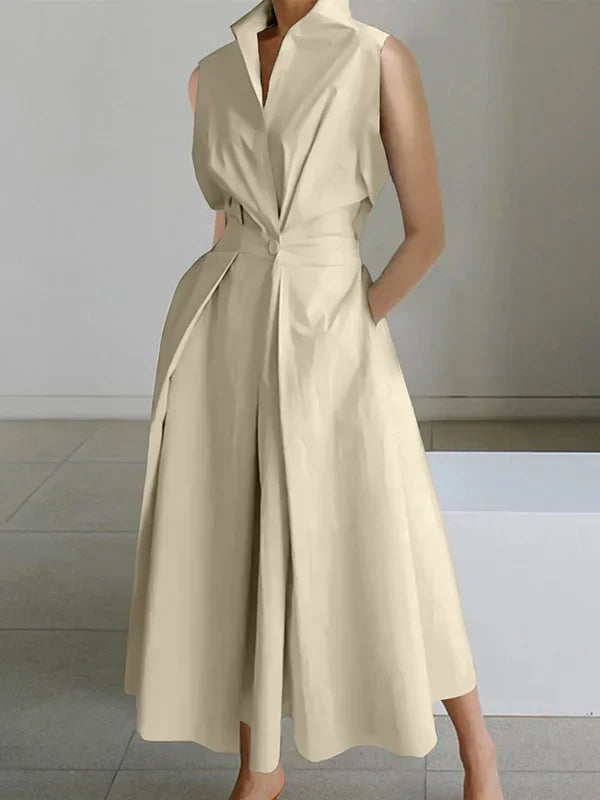 Stand Collar Deep V-Neck Sleeveless Pocket A-Line Midi Dress - View 9
