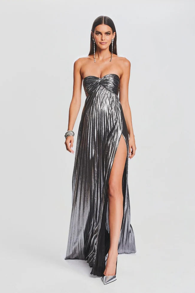 Pleated Strapless Sweetheart Twist Front High Split Maxi Gown - View 9