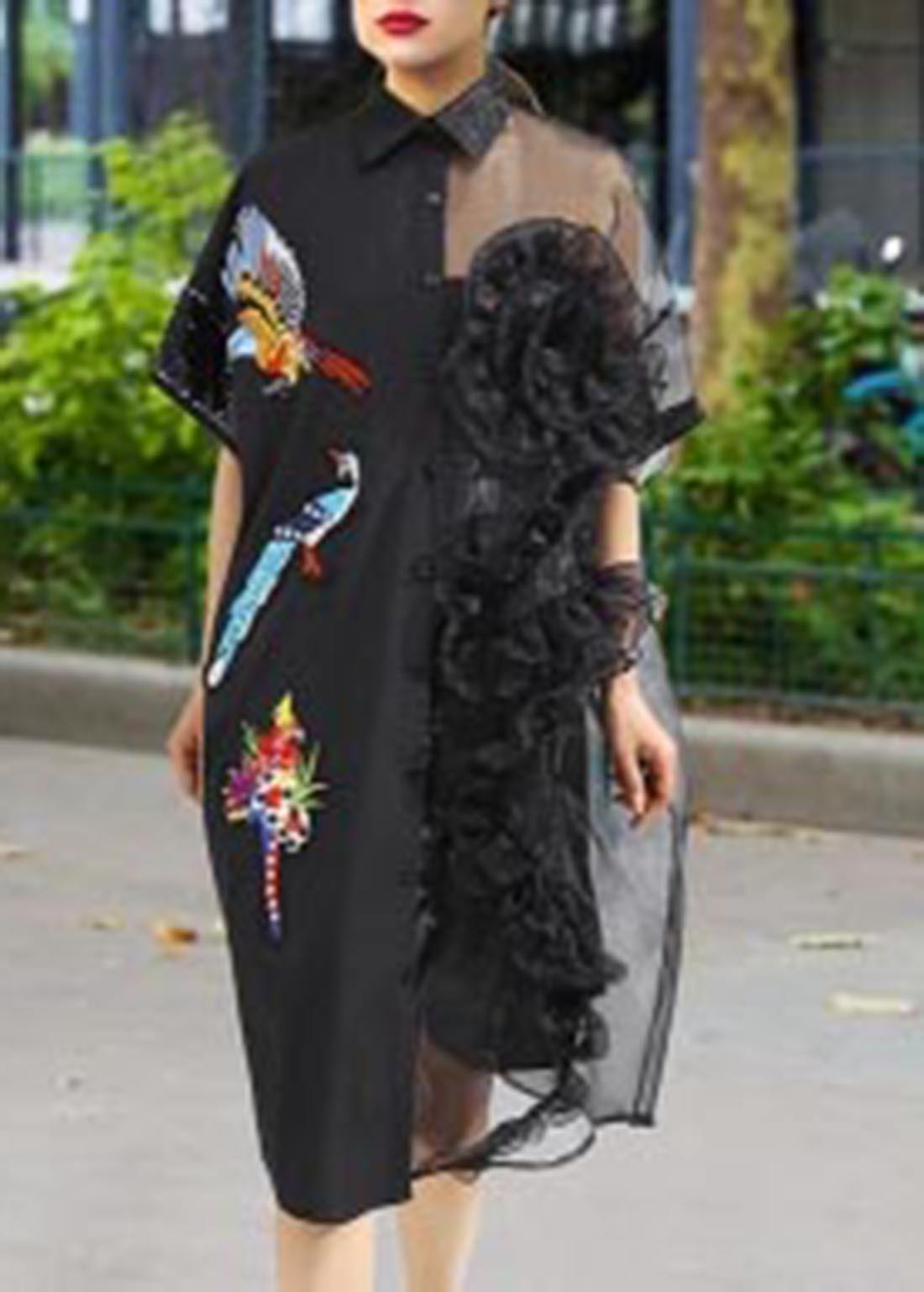Bird Embroidery Mesh Ruffle Asymmetric Button Front Shirt Midi Dress - View 2
