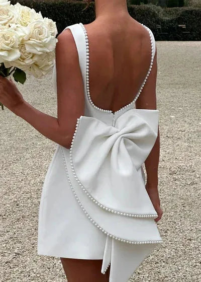 Pearl Trim Boat Neck Pleated Pocket Bow Back A-Line Mini Dress - View 5