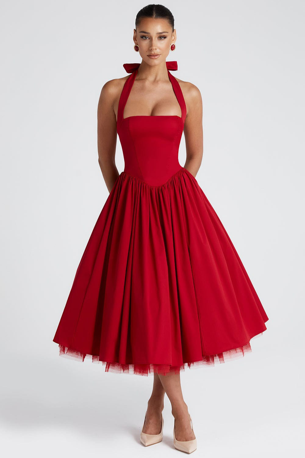 Halter Neck Basque Waist Pocket Gathered A-Line Midi Party Dress - View 13
