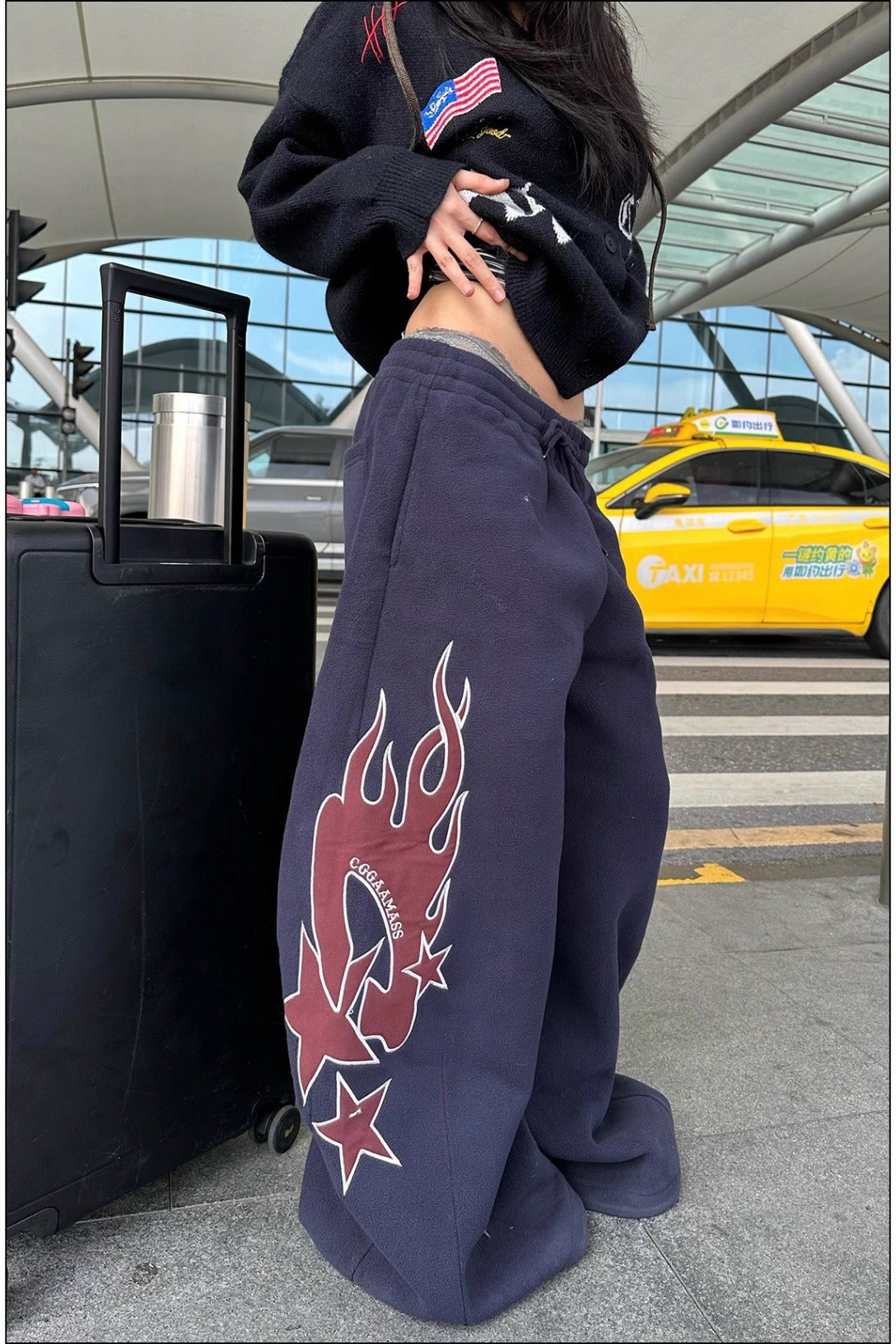 Flame Print Sherpa Drawstring Curved Leg Pants
