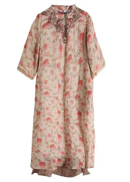 Floral Print Mandarin Collar Frog Button Chest Midi Dress - View 5