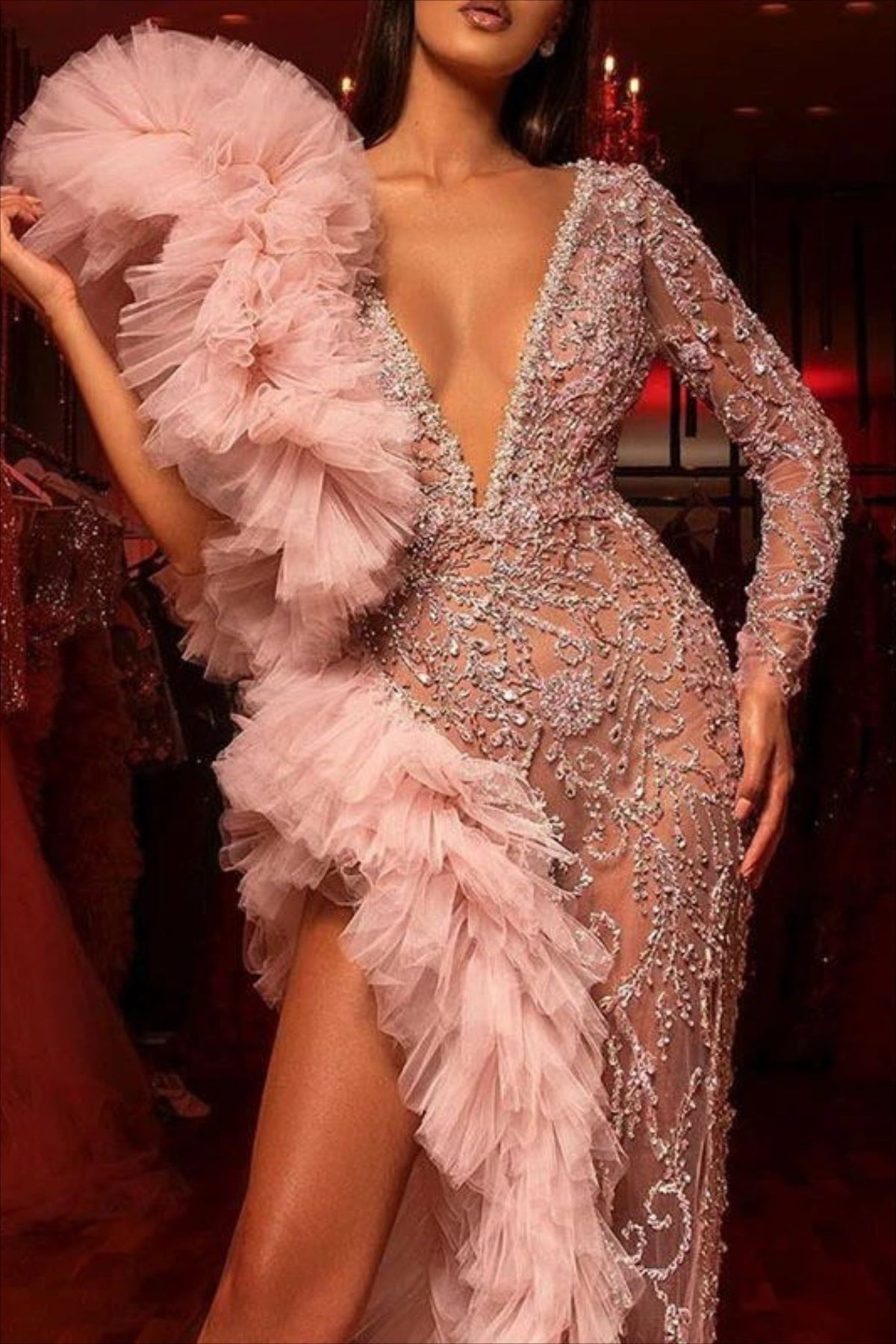 Deep V-Neck Long Sleeve Beaded Ruffle High Split Gown