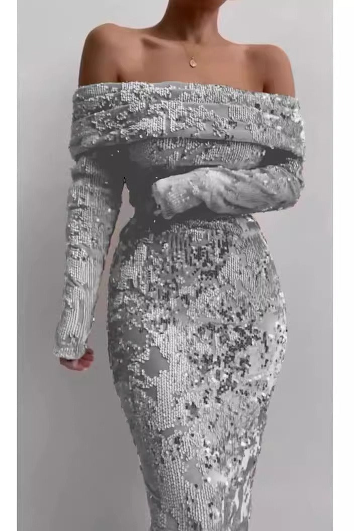 Sequin Off Shoulder Long Sleeve Bodycon Maxi Formal Dress - View 2