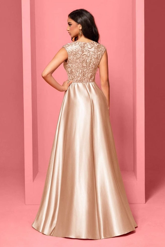 Embellished V-Neck Cap Sleeve Satin A-Line Maxi Dress - View 3