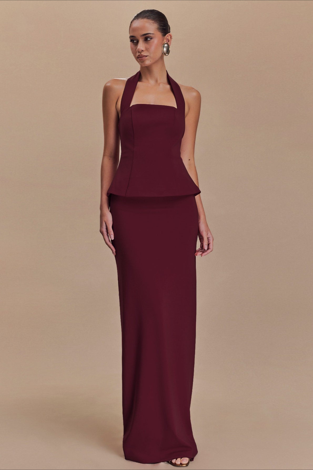 Halter Neck Backless Peplum Maxi Gown - View 13
