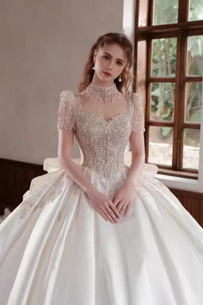 Sequin Beaded Mock Neck Puff Sleeve Cathedral Train Ball Gown