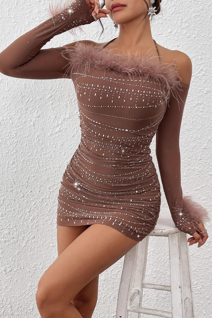 Rhinestone Feather Trim Strapless Ruched Bodycon Mini Party Dress - View 2