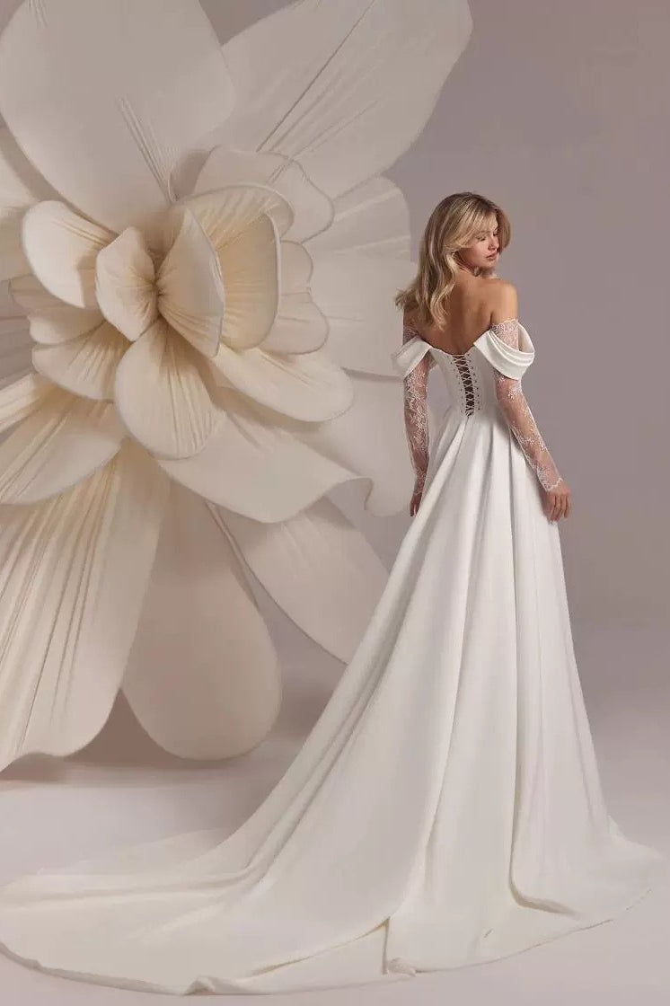 Off Shoulder Long Sleeve Lace High Split Wedding Gown 4