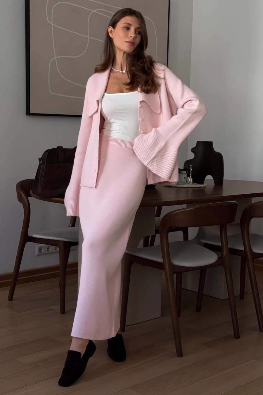 Polo Collar Sweater Flare Sleeve Knit Set
