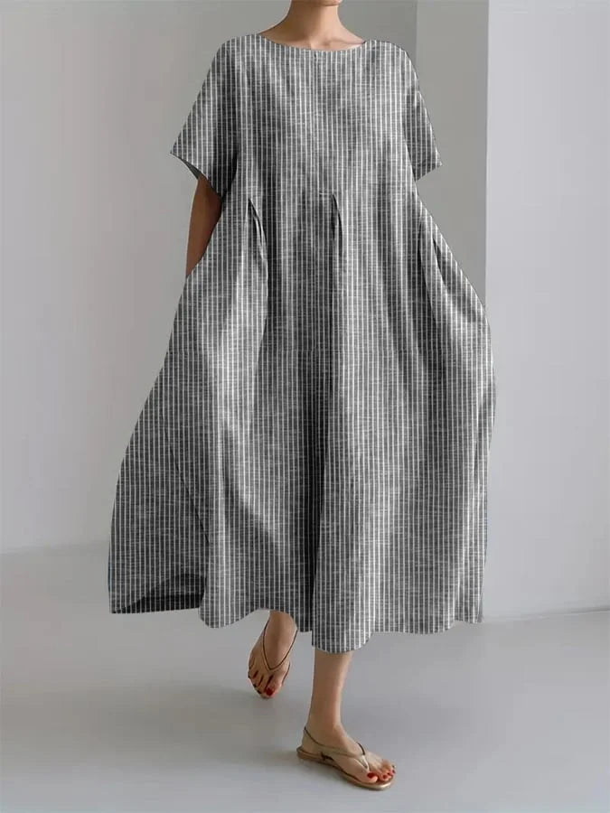 Striped Round Neck Short Sleeve Pocket A-Line Midi Dress Summer 3