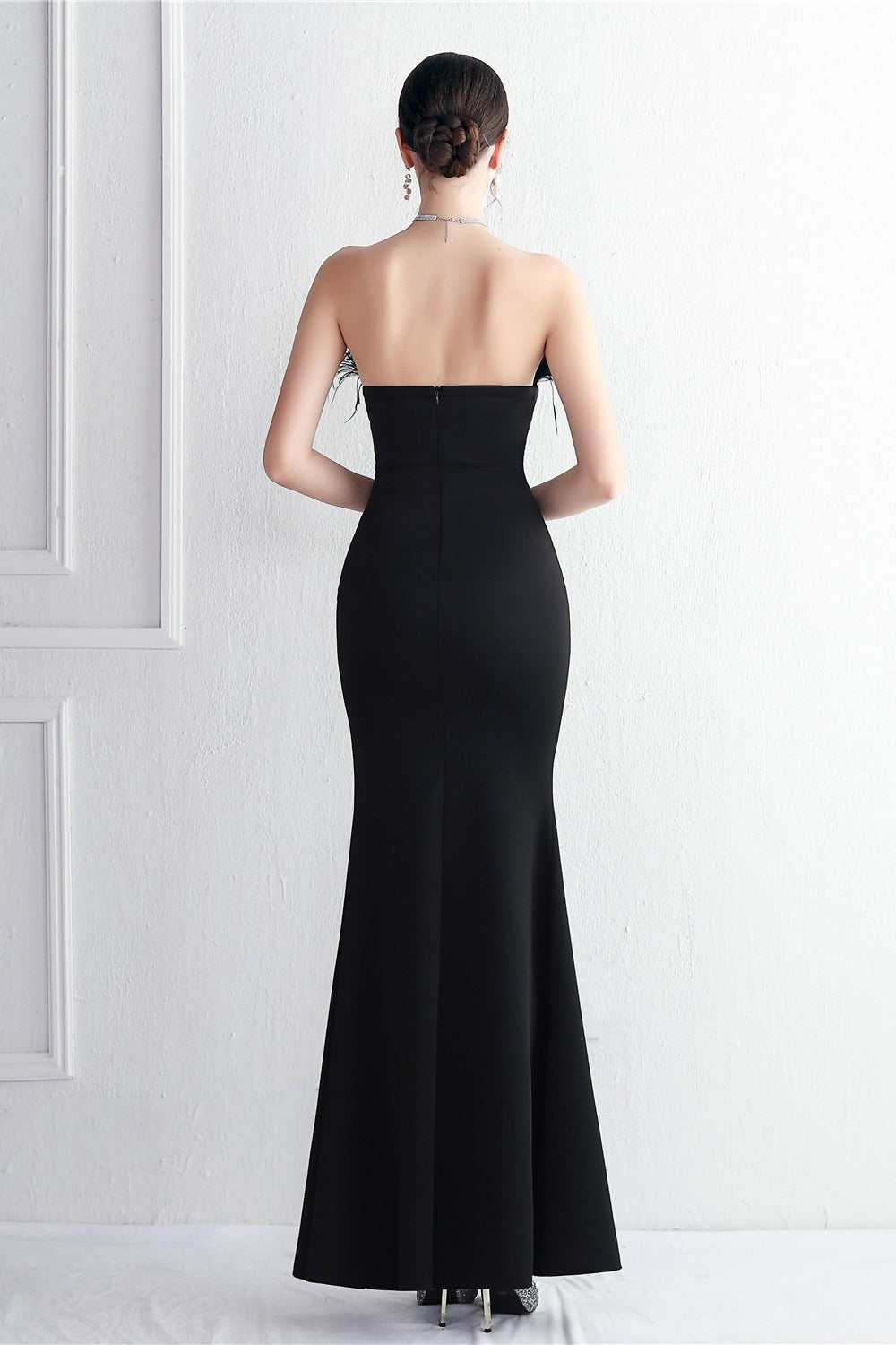 Feather Trim Strapless High Split Mermaid Gown 29
