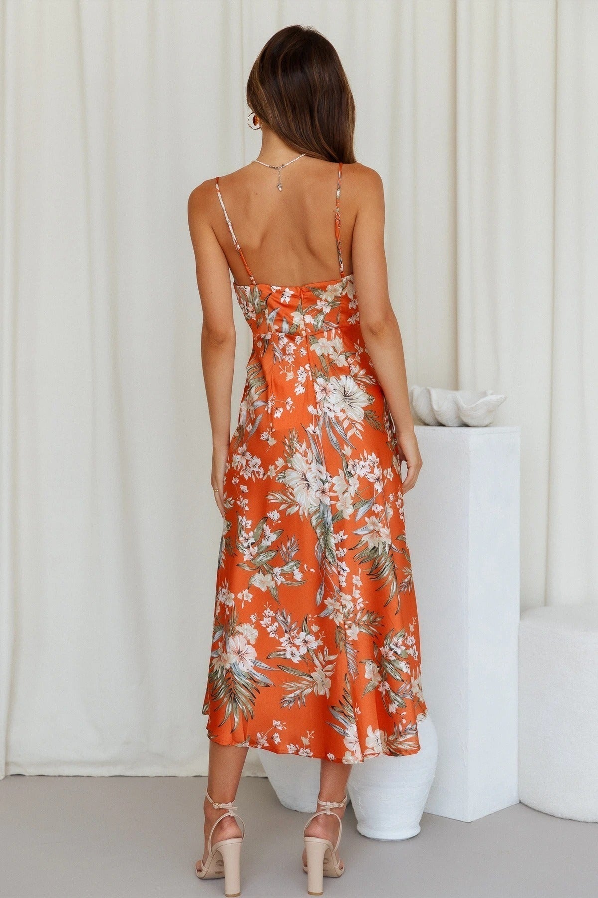 Floral Print Cowl Neck Spaghetti Strap Draped Slip Midi Dress - View 3