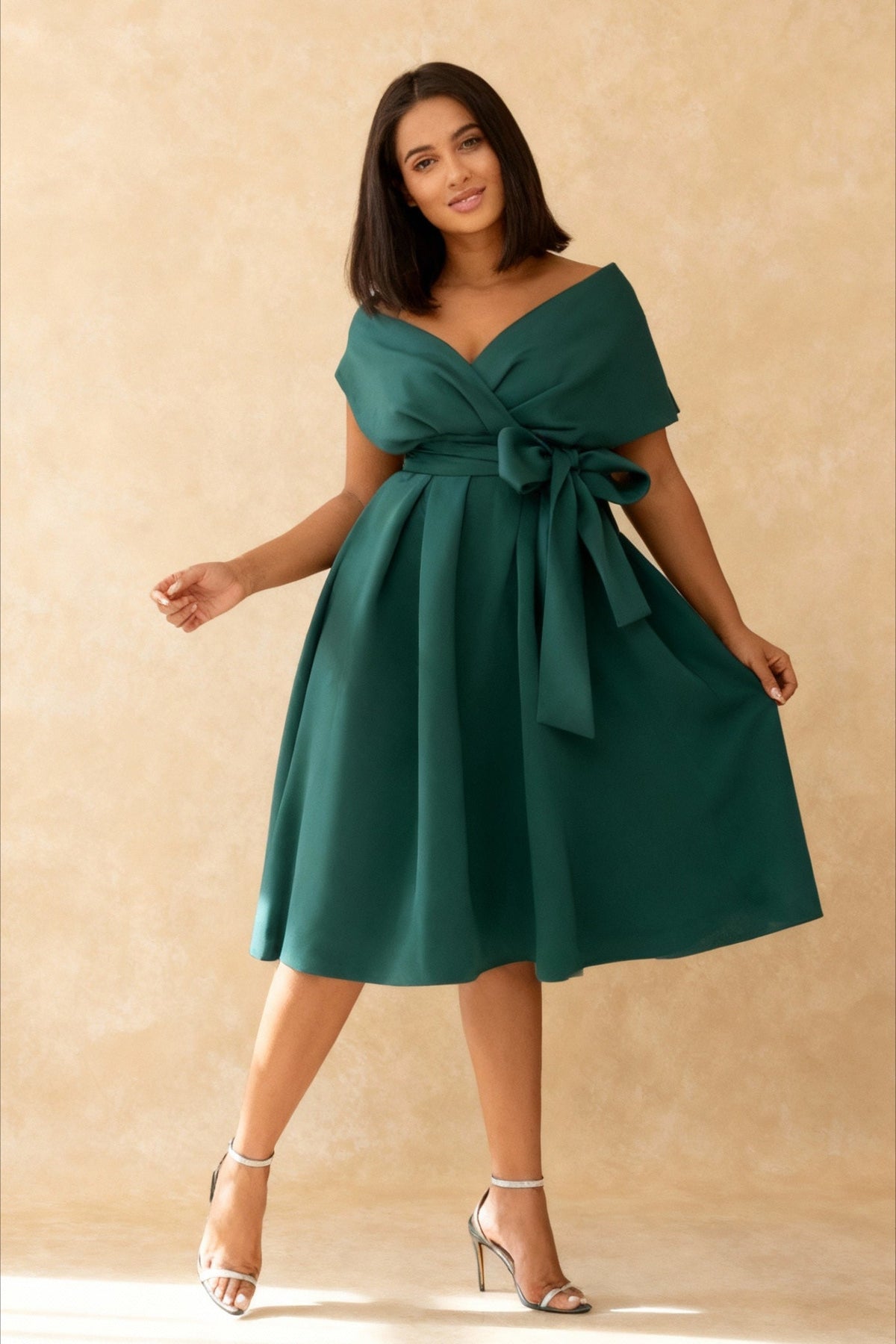 Off Shoulder Wrap Bow Belt Pleated A-Line Midi Dress - View 3