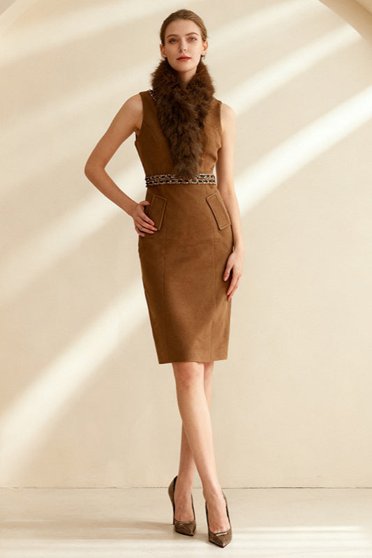 Faux Fur Collar Sleeveless Embellished Belt Sheath Midi Dress
