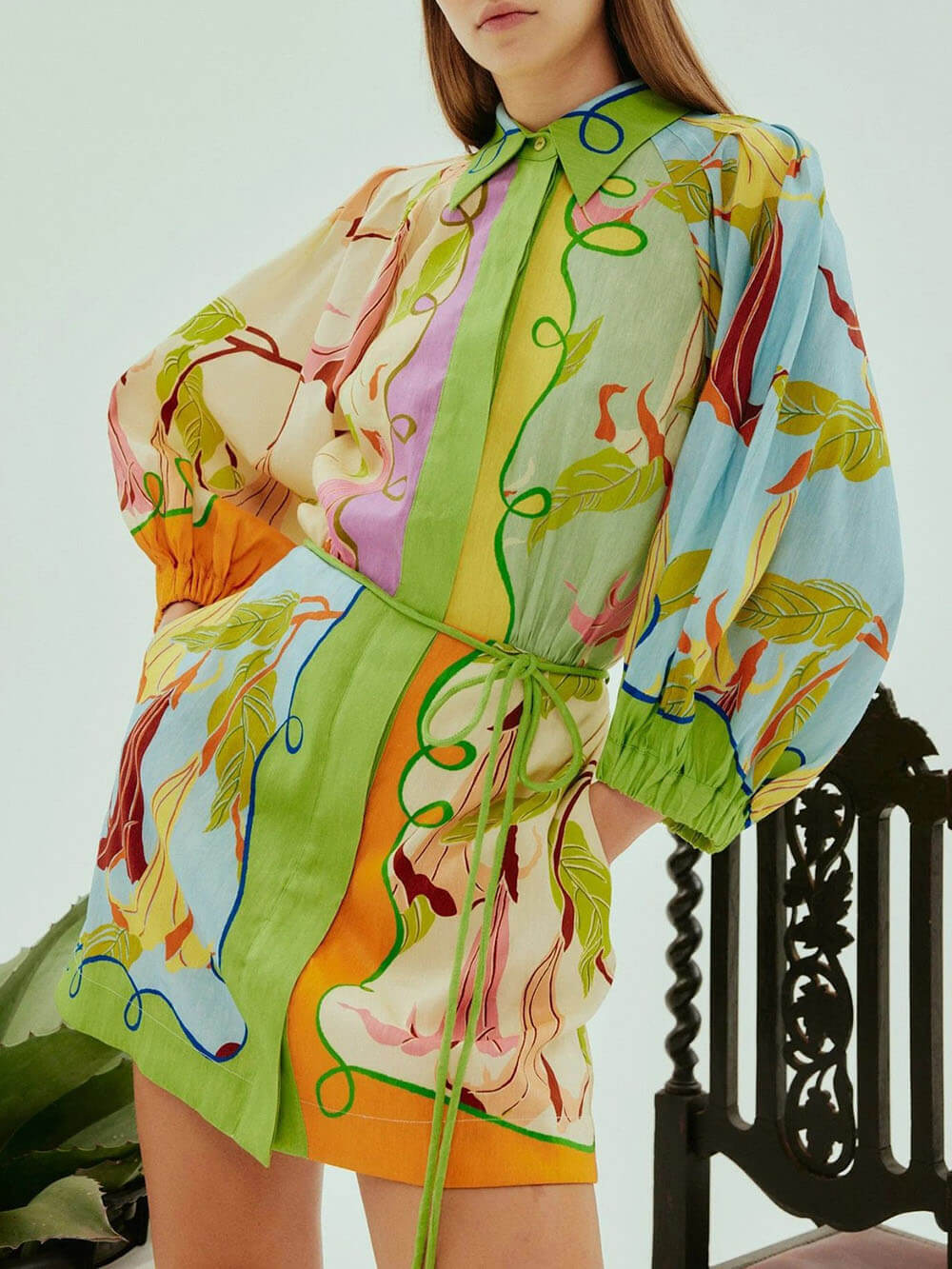 Botanical Patchwork Print Long Sleeve Mini Shirt Dress
