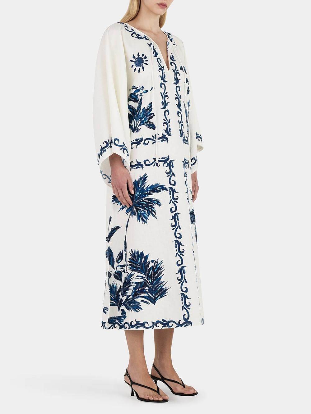Palm Print V-Neck Long Sleeve Kaftan Midi Dress - View 2
