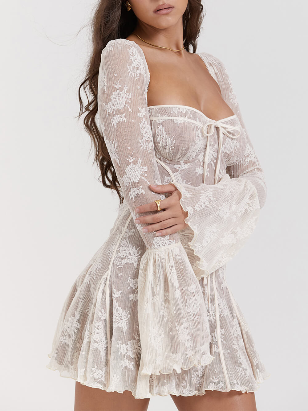 Floral Lace Bell Sleeve Corset Fit and Flare Mini Dress - View 10