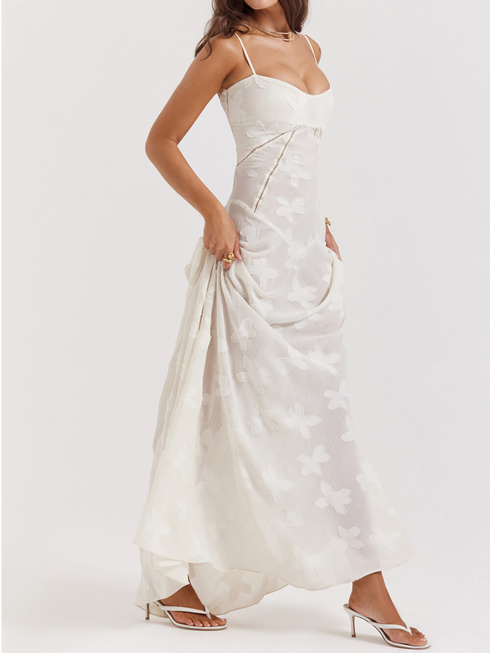 Vintage Cream Floral Lace Back Maxi Dress - View 2