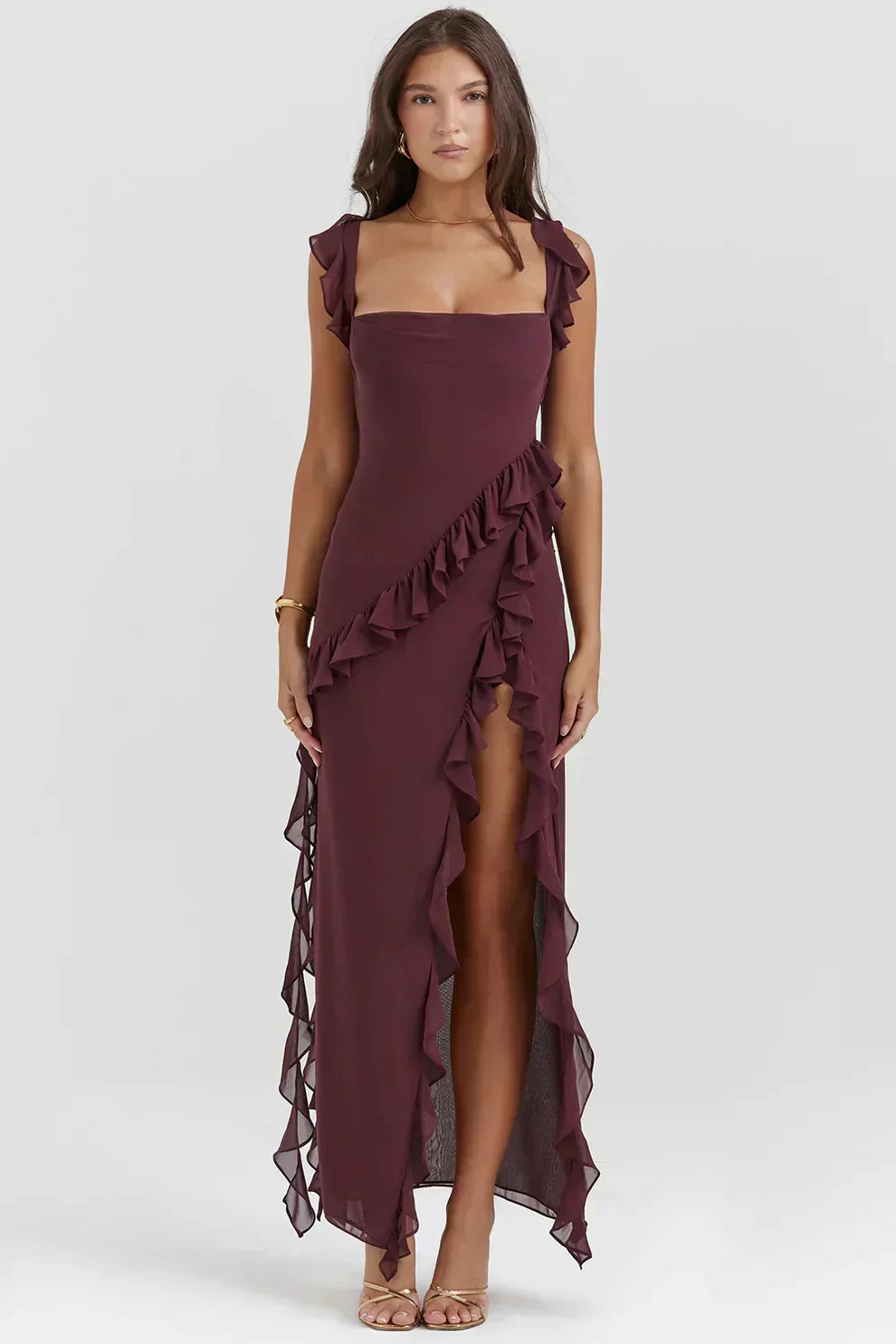 Square Neck Ruffle Strap High Split Ruffle Trim Maxi Gown - View 8