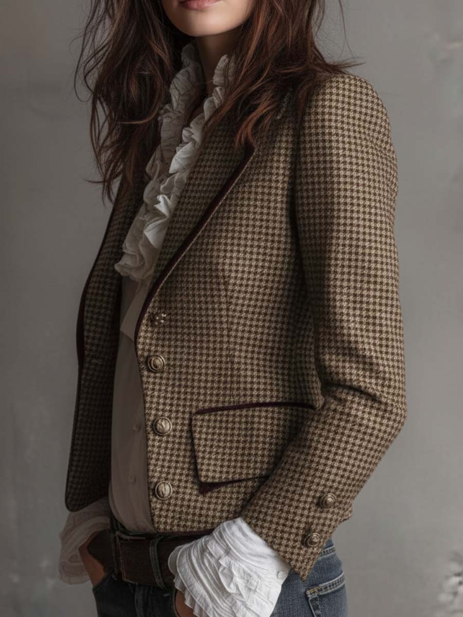 Houndstooth Tweed Velvet Trim Double Breasted Blazer 2