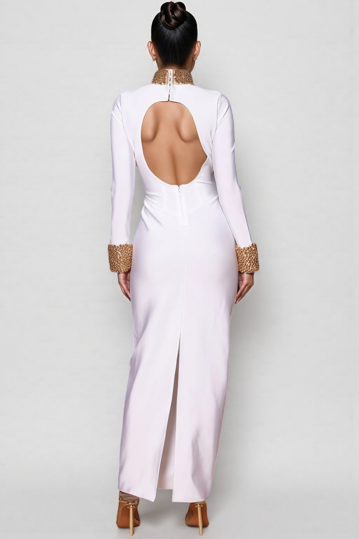 Rhinestone Beaded Mock Neck Long Sleeve Cuff Trim Bodycon Maxi Gown - View 5