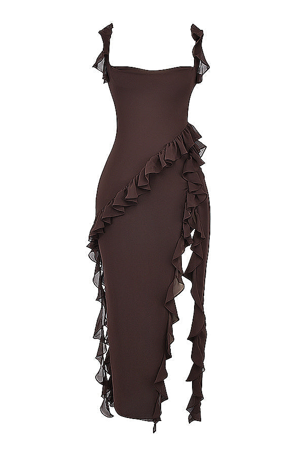 Square Neck Ruffle Strap High Split Ruffle Trim Maxi Gown 34