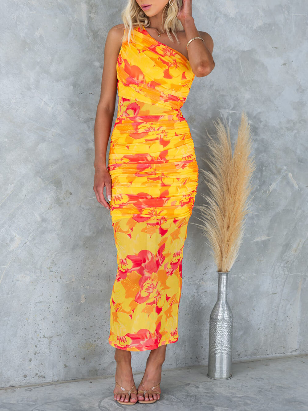 Sheer Mesh Ruched Maxi Dress