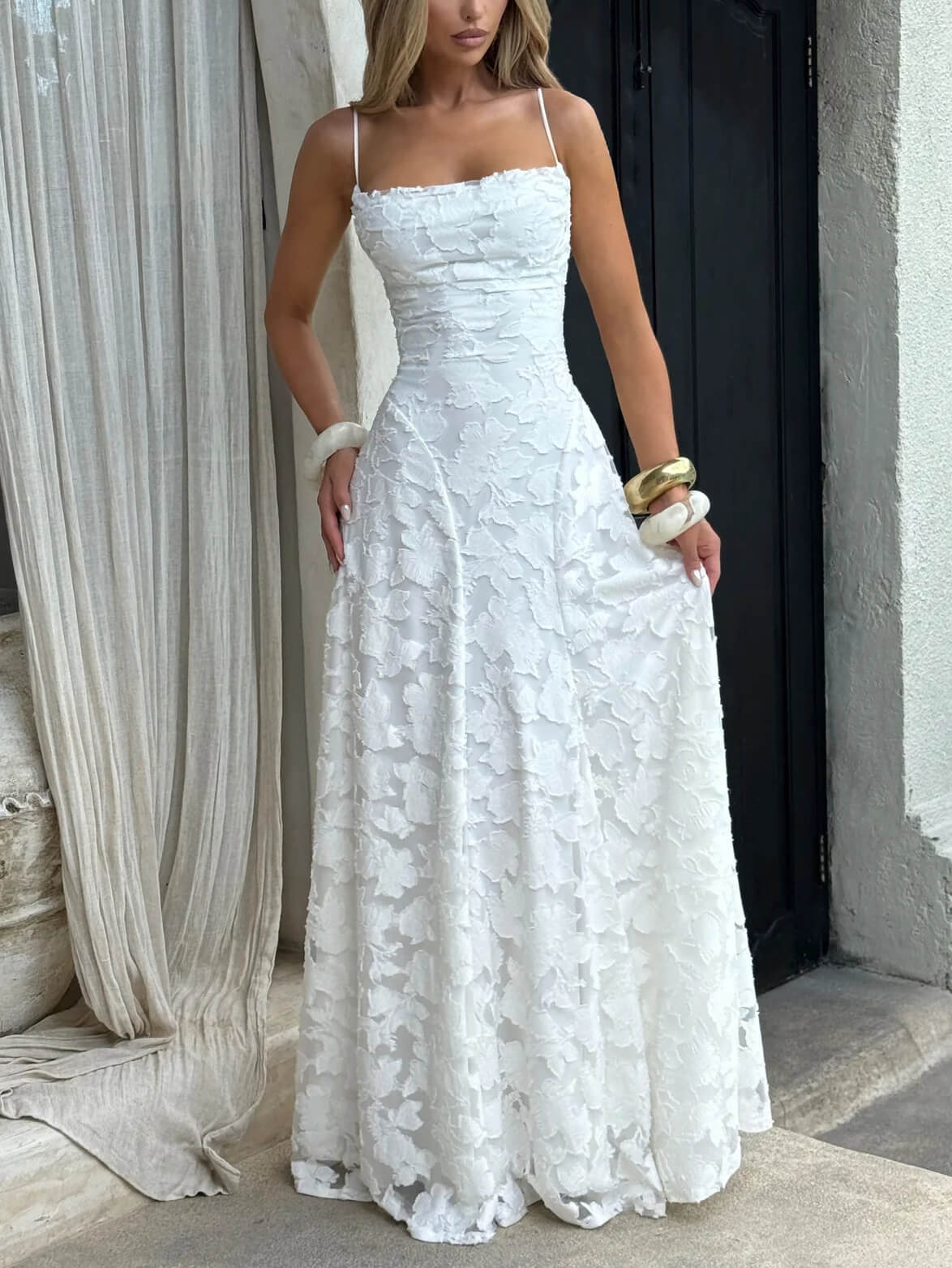 Floral Jacquard Spaghetti Strap Square Neck Ruffle Hem Maxi Dress
