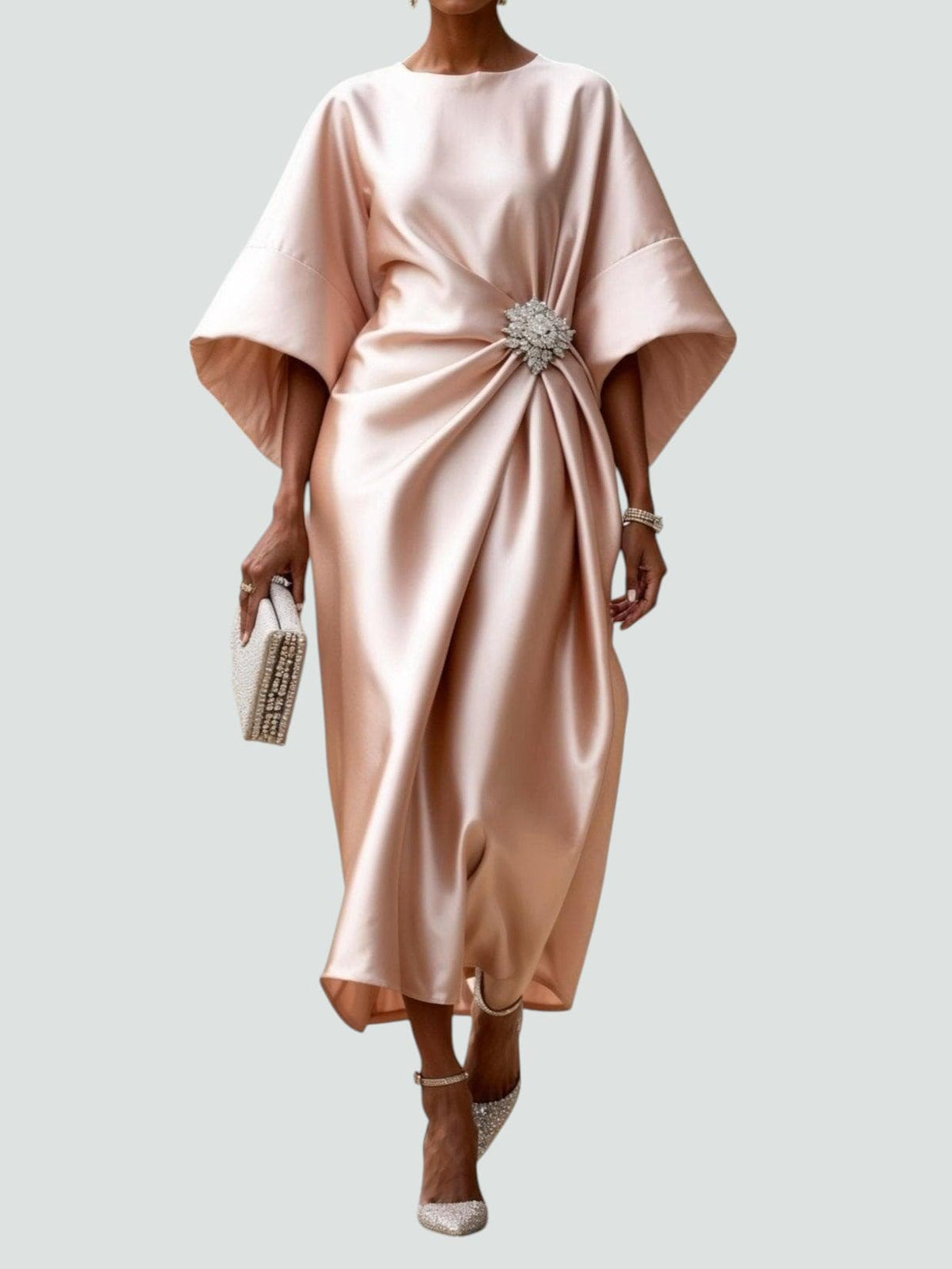 Boat Neck Batwing Ruched Satin Midi Dress 6