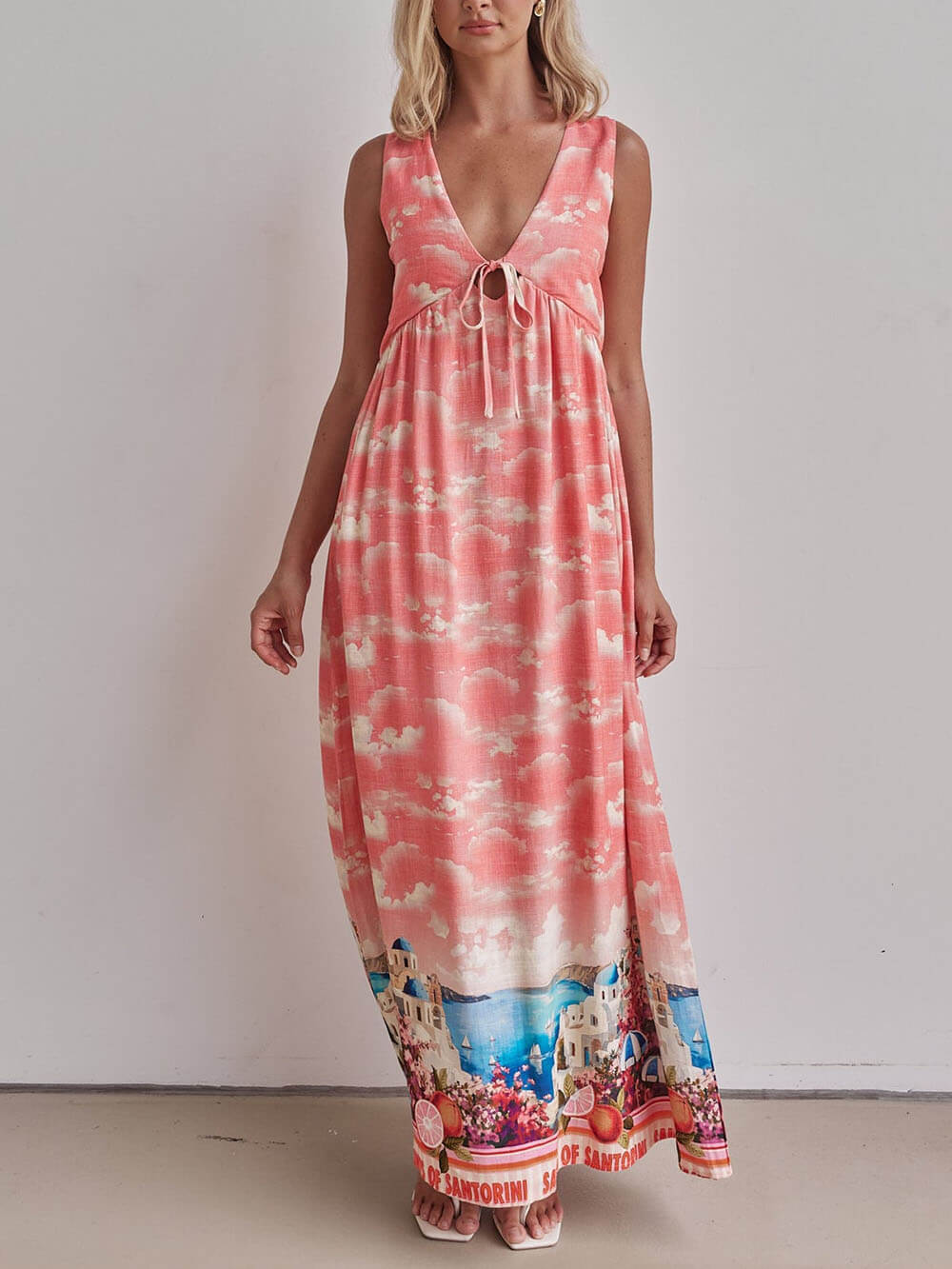 Unique Ink Print V Neck Lace Up Loose Fitting A Line Maxi Dress - View 4