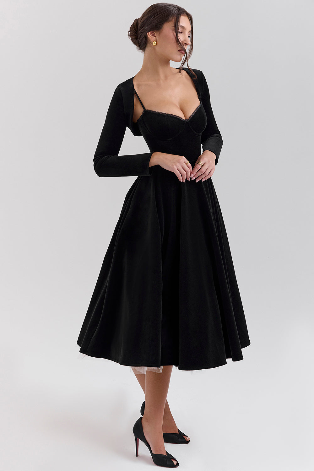 Black Velvet Tulle Midi Dress - View 7