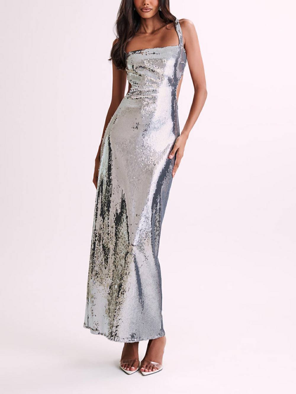 Sequin Cut Out Maxi Dress Silver - View 5