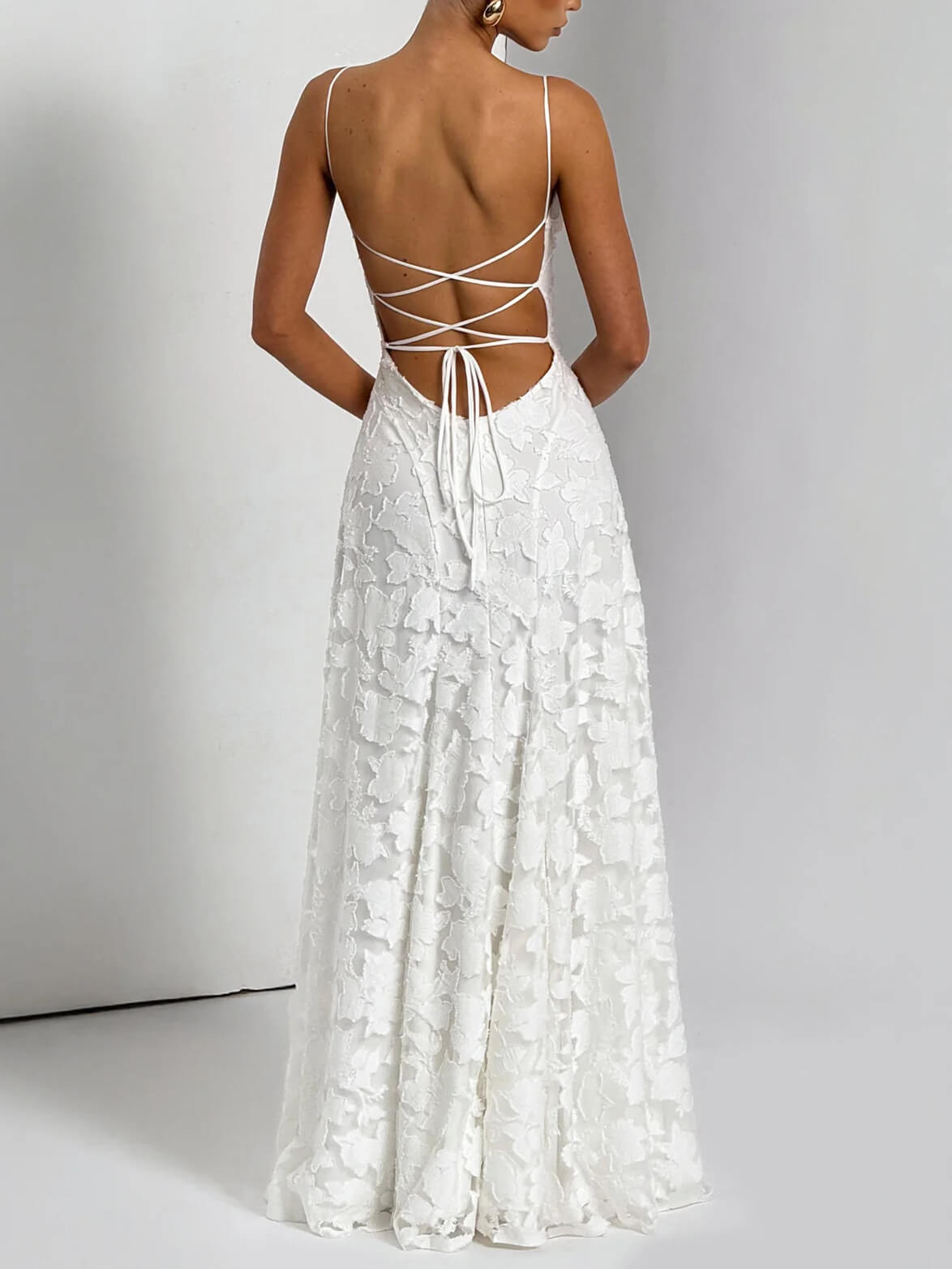Floral Jacquard Spaghetti Strap Square Neck Ruffle Hem Maxi Dress - View 4