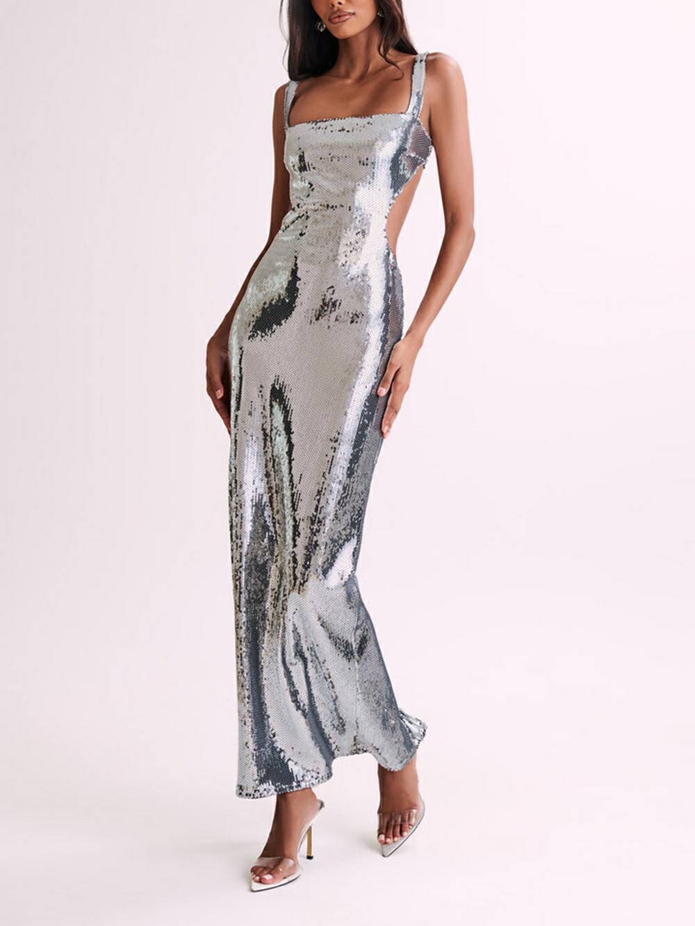Sequin Cut Out Maxi Dress Silver - View 6
