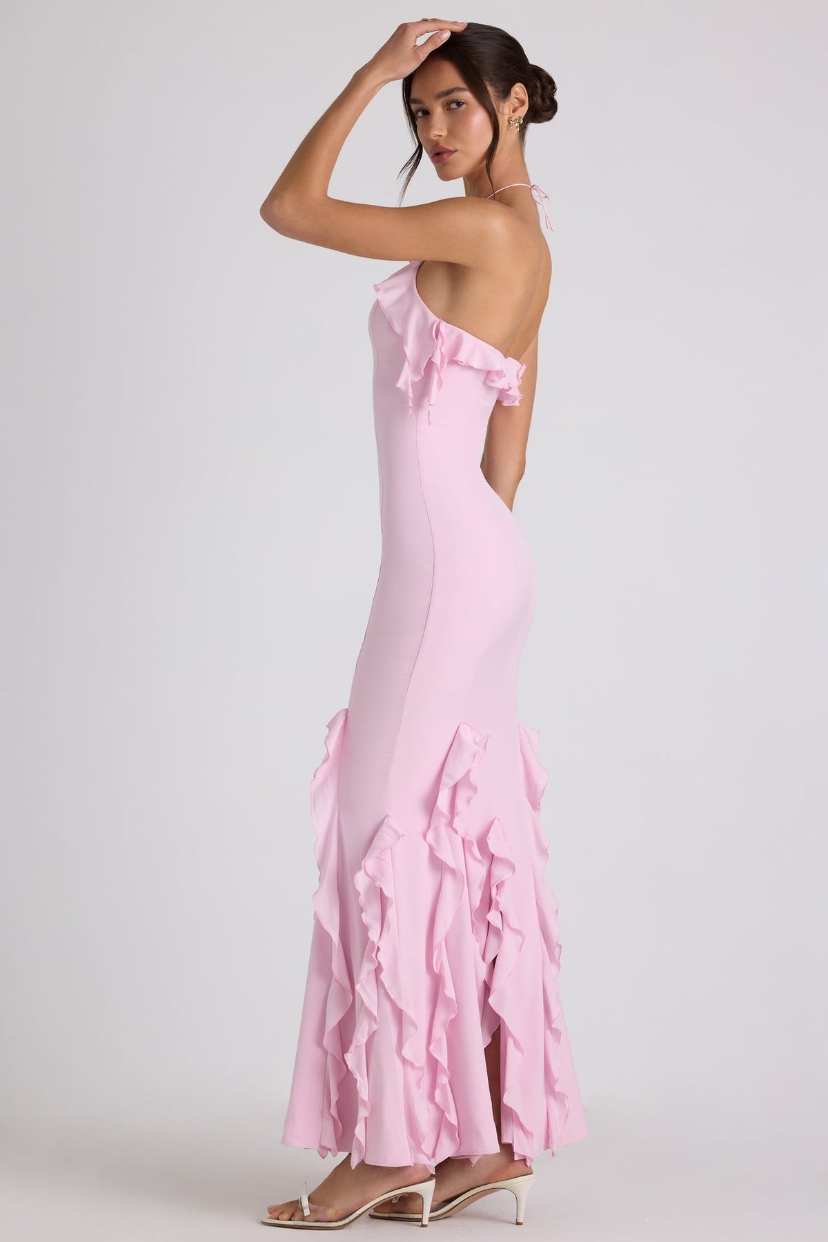Halter Neck Ruffle Trim Fishtail Maxi Dress - View 3