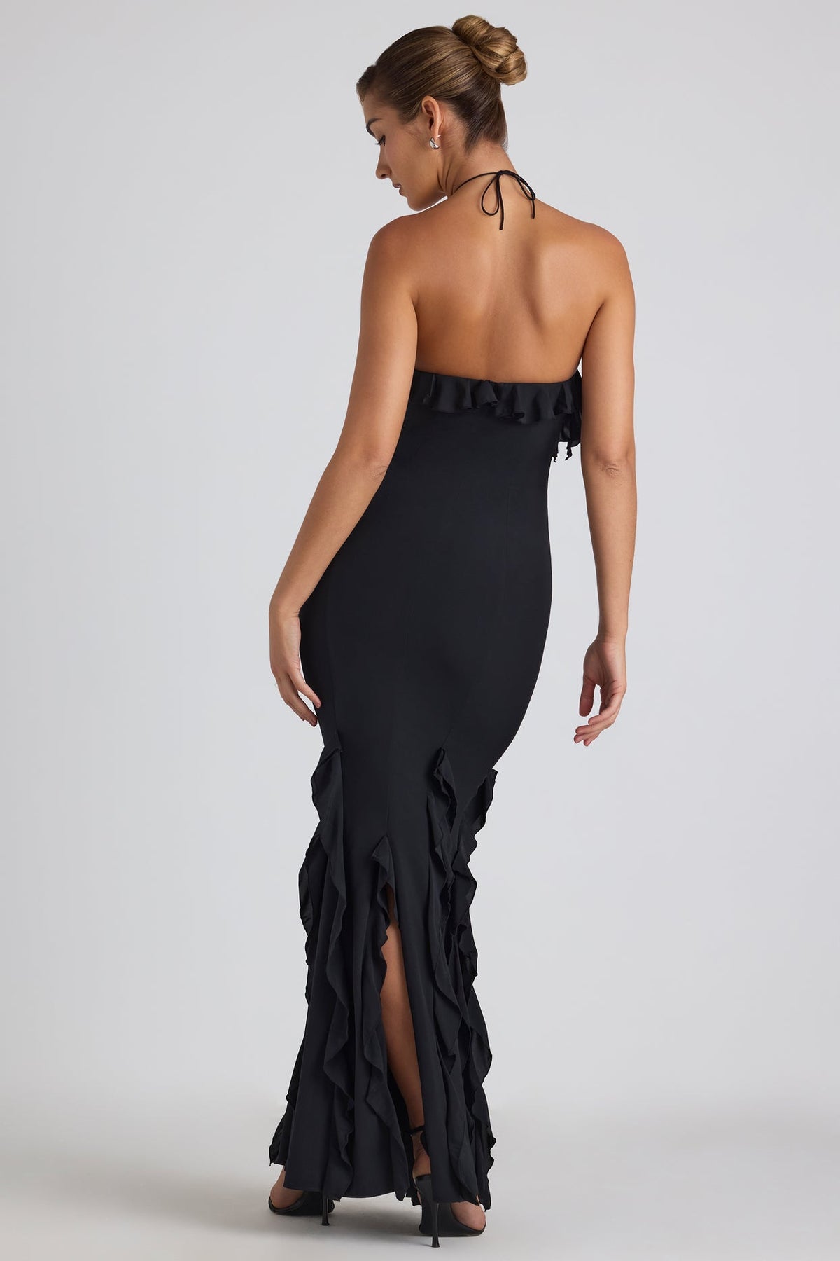 Halter Neck Ruffle Trim Fishtail Maxi Dress - View 7