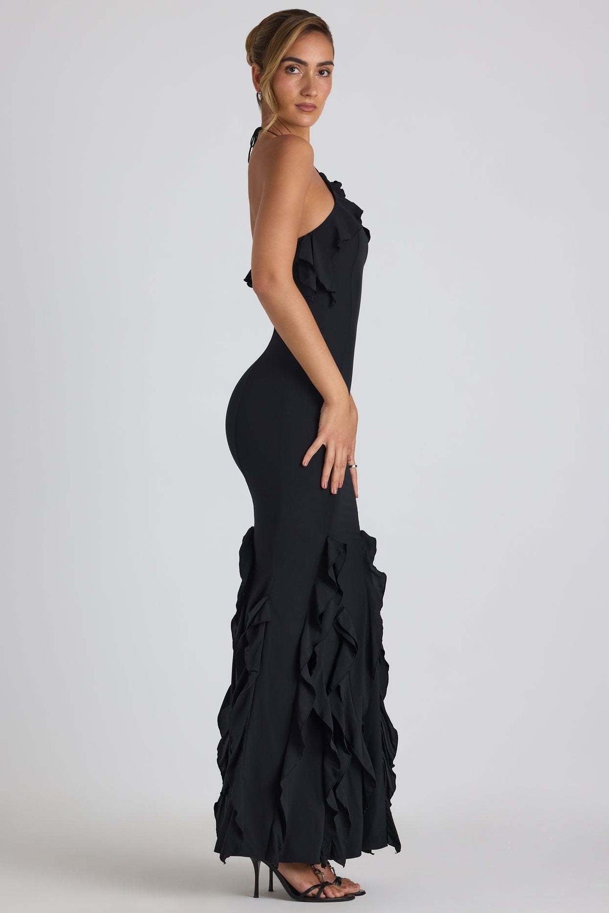 Halter Neck Ruffle Trim Fishtail Maxi Dress - View 8