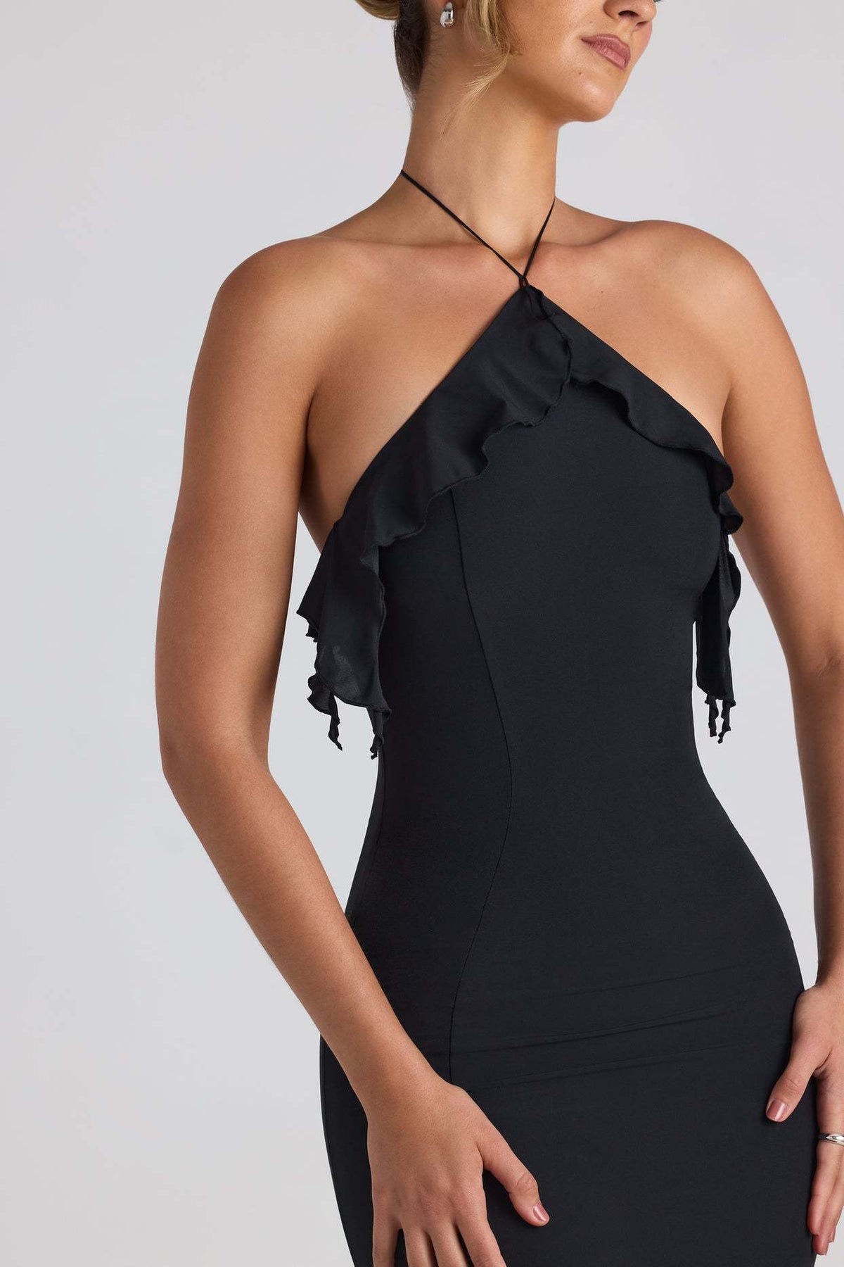Halter Neck Ruffle Trim Fishtail Maxi Dress - View 9